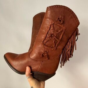 90s Zodiac Genuine Brown Leather Fringe Women's Cowboy Boots size 7 US / 37 UK